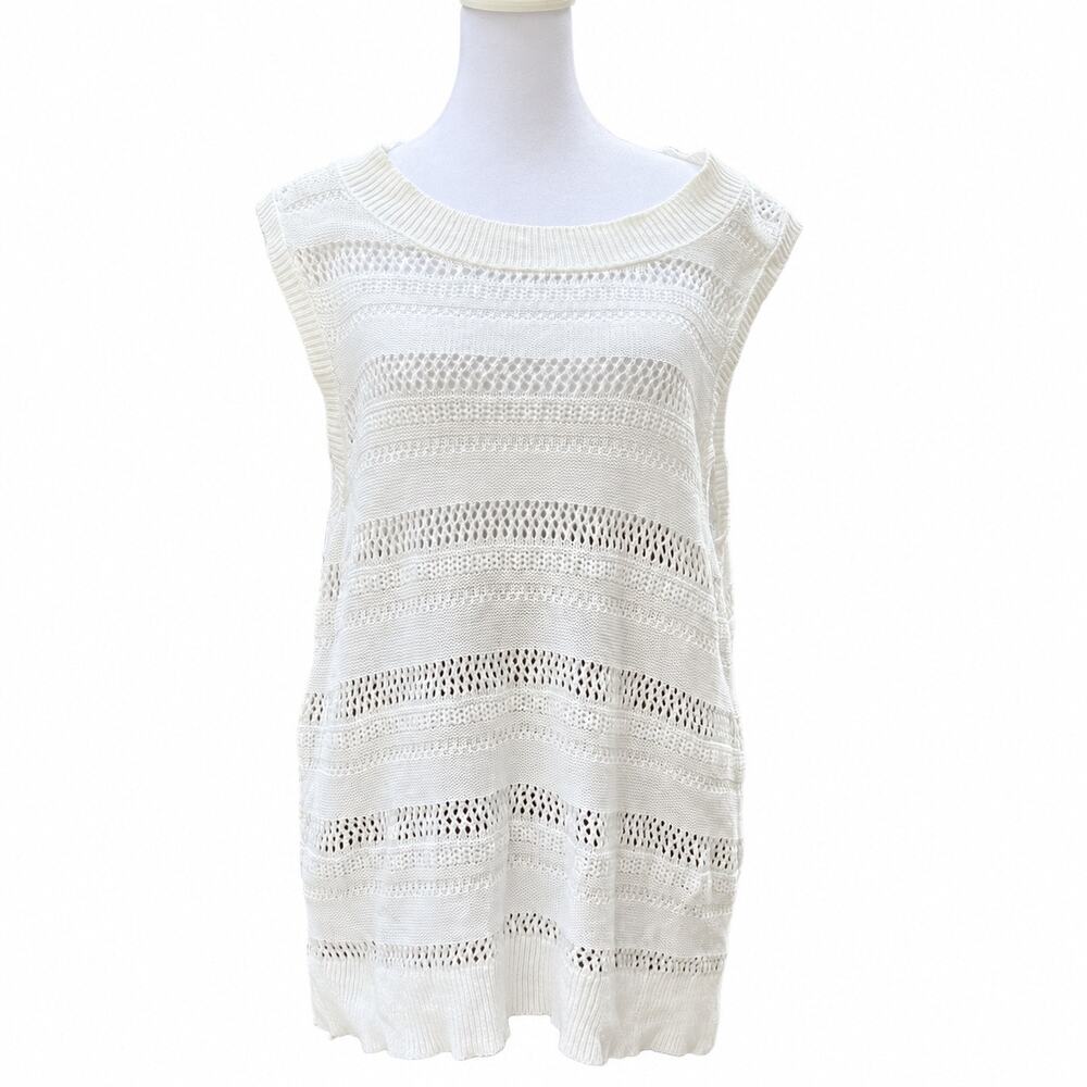 Joie Size L White Cotton Open Knit Sleeveless Sweater Tunic Coastal Boho